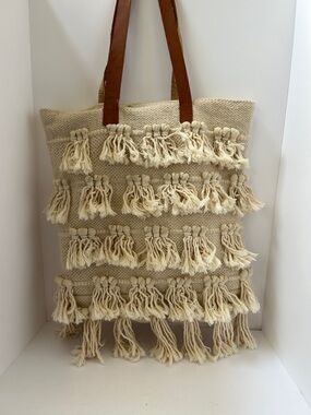 Boho Tassel Cream Tote with Brown Handles